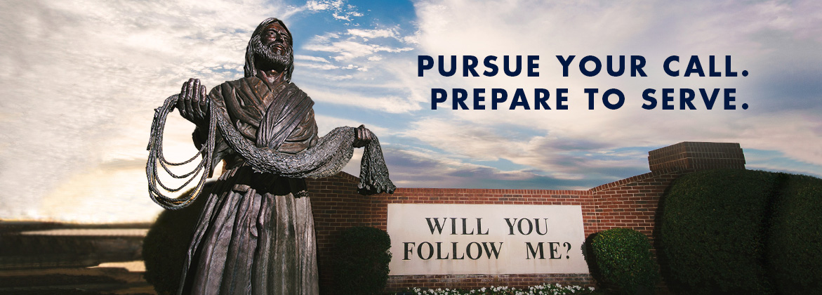 Jesus statue by will you follow me sign - pursue your call. prepare to serve.