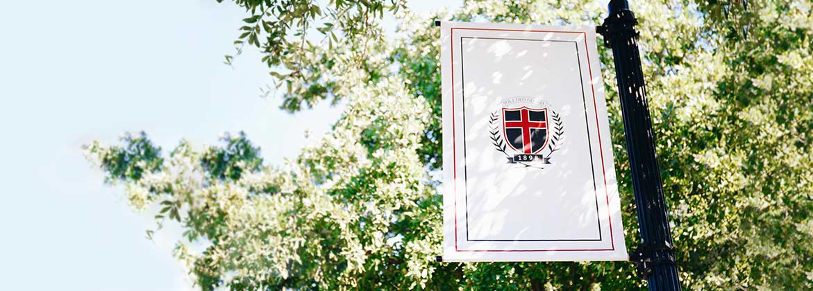 campus picture with banner shield on flagpole