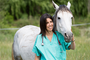 girl in blue scrubs with a white horse