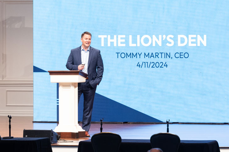 Tebow Group CEO Tommy Martin speaking at The Lion's Den DFW on the DBU campus