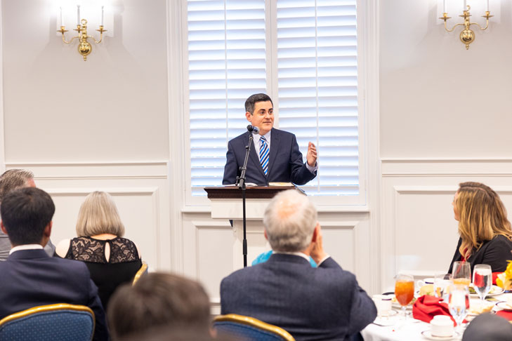 Dr. Russell Moore speaking in Ford Village at the DBU campus.