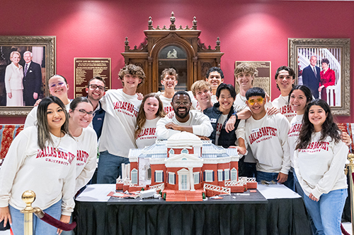 A group photo of Student Life taken on Founder's Day in the foyer of the DBU Chapel