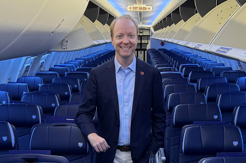 Rob Hahn standing inside a Southwest Airlines plane
