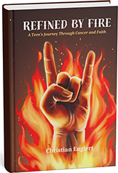 bookcover of "Refined by Fire" by Christian Englert with a hand rock gesture in flames
