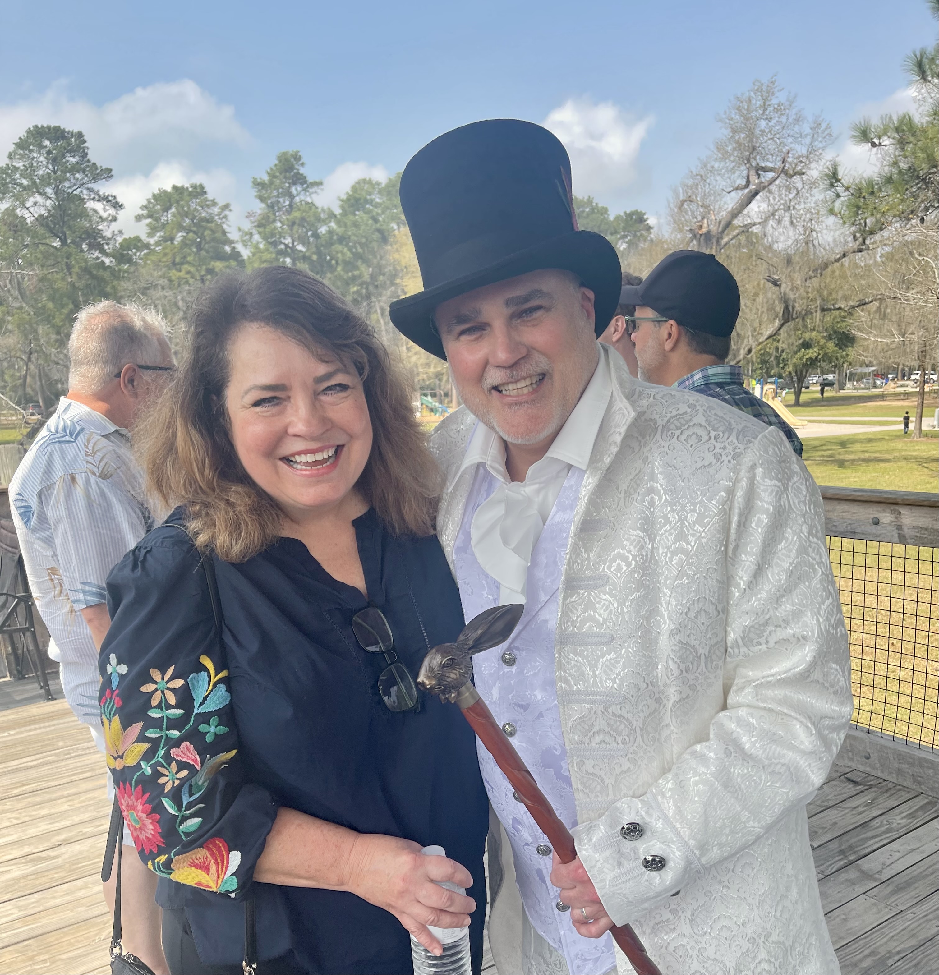 Ed Fry in top hat and cane poses along with his wife, Ginger