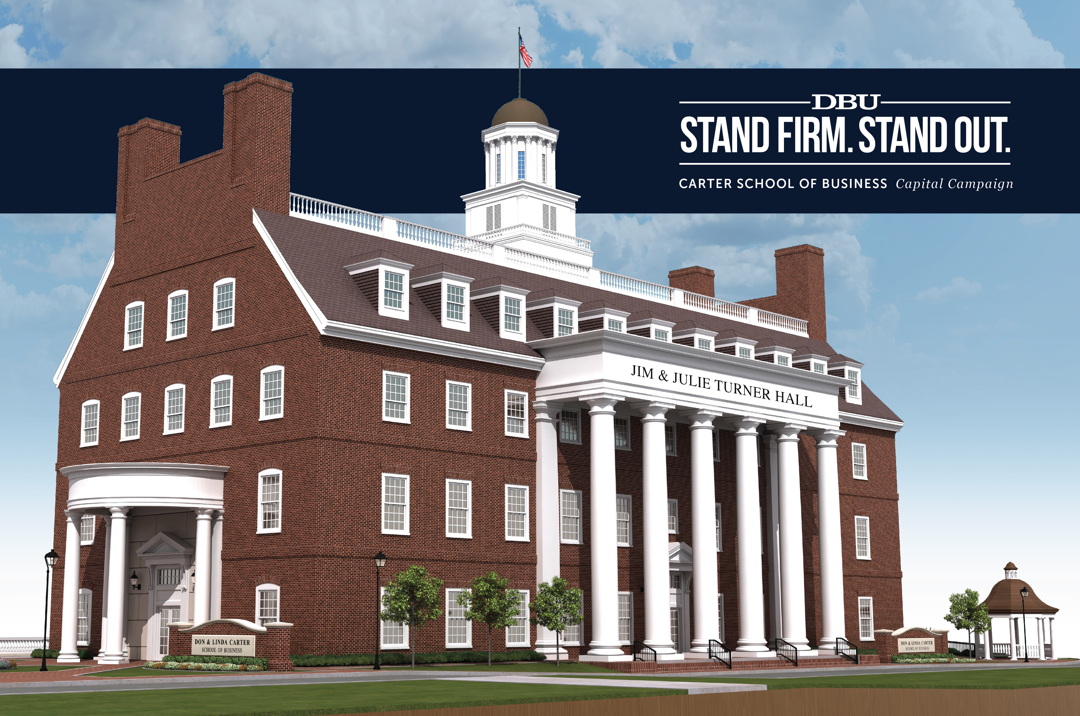Rendering of Jim & Julie Turner Hall with CSB Campaign logo