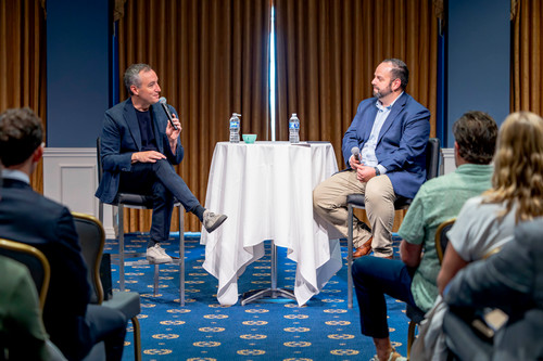 David Reyes interviewing Will Guidara in DBU's Sadler Hall