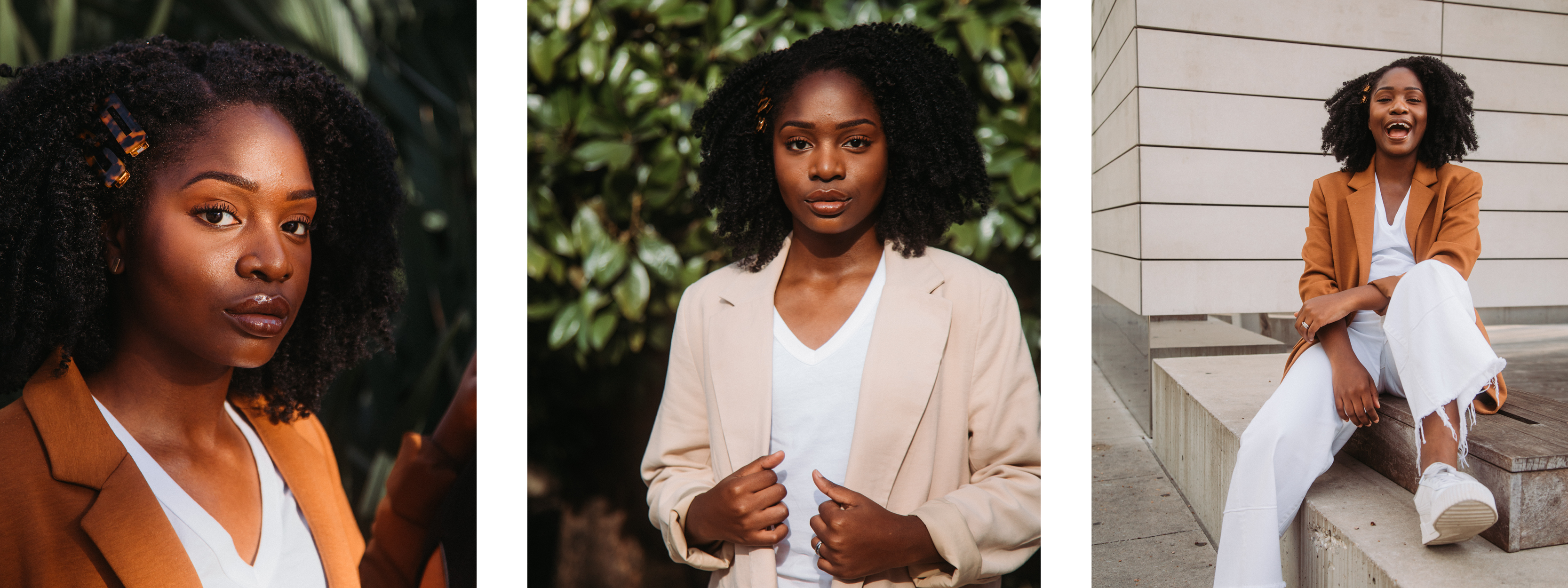 3 pictures of a female student outside