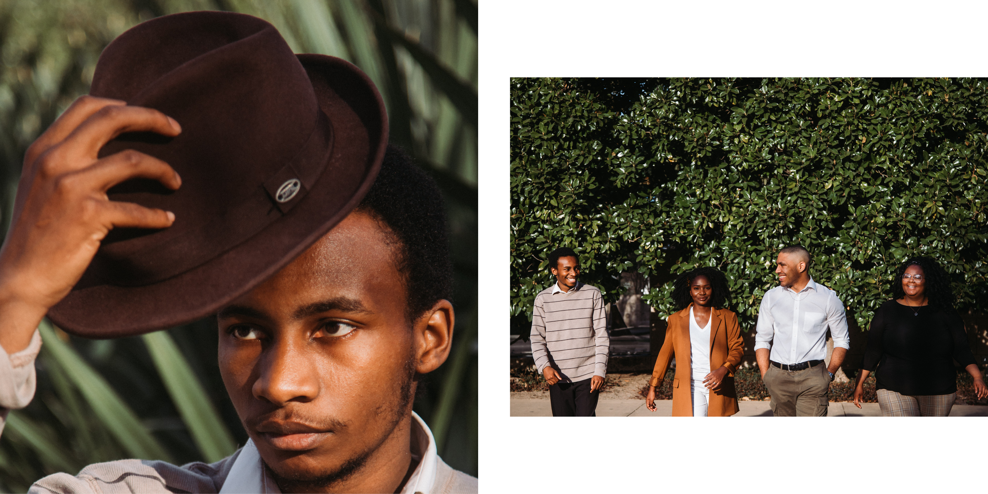 2 pictures - male student with hat - group of students walking towards camera