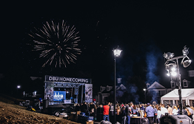 picture of DBU homecoming stage with fireworks in the background