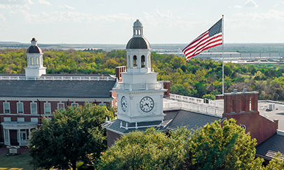 aerial campus of a Christian university in Dallas, Texas with American flag flying