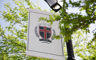 dallas baptist university banner with crest and green leaves