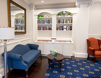 interior picture of a bookshelf and seating area Center for Baptist History