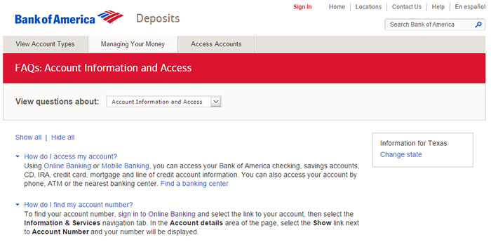 screenshot of Bank of America website