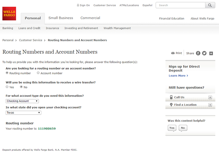 screenshot of Wells Fargo Routing Number and Account Numbers page