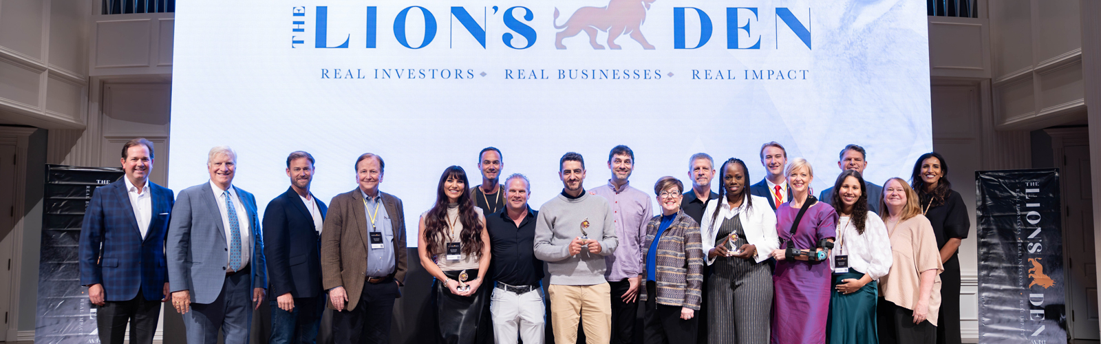 Group photo in Pilgrim Chapel at Lion’s Den DFW 2026 pitch competition 