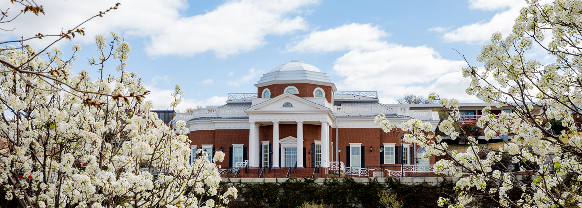 Nation Hall with spring flowers on both sides of the picture