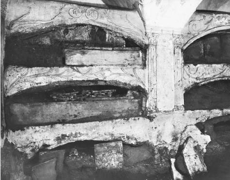 black and white image of catacombs