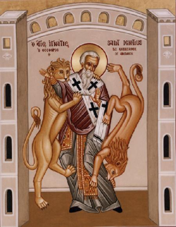 painting of Ignatius of Antioch with two lions biting his arm and leg