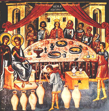 panting of a wedding in cana with several people sitting around the half circle table