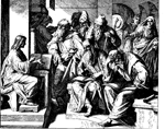 black and white painting of Jesus speaking to people around him
