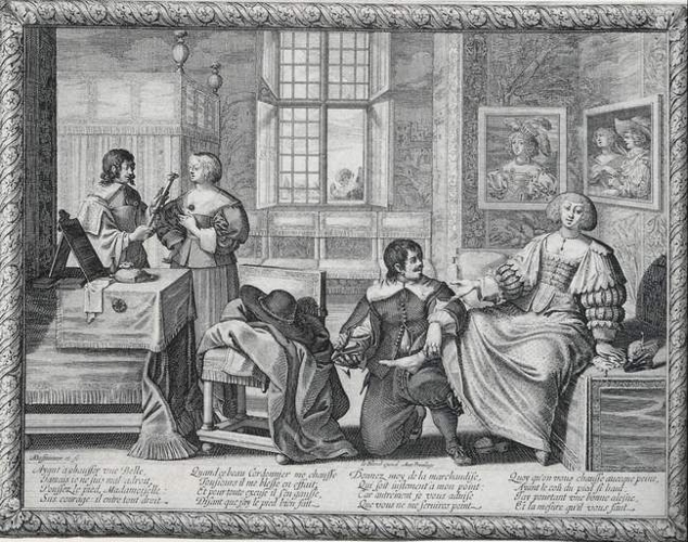 black and white painting of an individuals standing or sitting around a room
