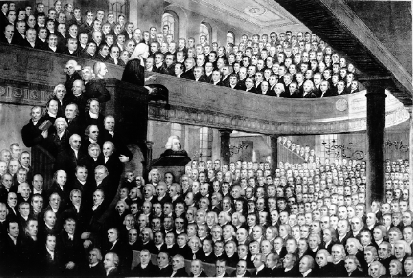 black and white picture of congregation of men meeting in a church