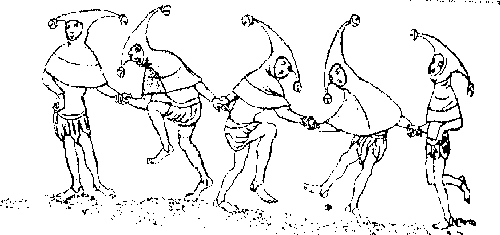 drawing of 5 jesters holding hands and playing