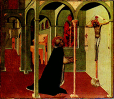 painting of Thomas Aquinas kneeling in front of Jesus on the cross