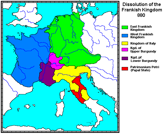 Map of the dissolution of the Frankish Kingdom in 880