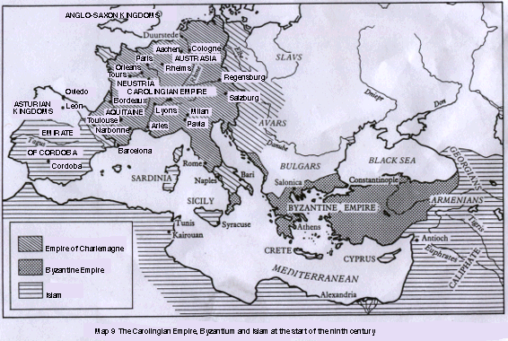 Map of the Carolingian Empire, Byzantium, and Islam at the start of the 9th century