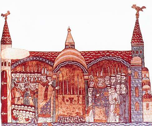 medieval painting of a church with priests and monks inside