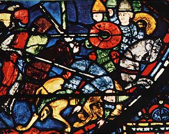 picture of a glass stained window depicting medieval knights