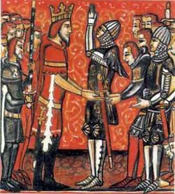 painting of medieval knights pledging fealty to eachother