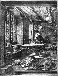 black and white drawing of a man reading on a table with a tiger in the front of the room