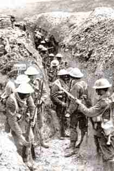 black and white photo of soldiers in the trenches
