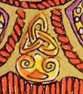 yellow and orange painting with a gold triquetra in the middle