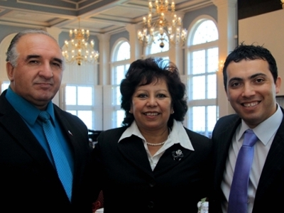 Jose Henriquez, was the guest chapel speaker at Dallas Baptist University on Monday, March 26. Henriquez was one of 33 Chilean miners trapped underground for 69 days in 2010. He is pictured with his wife, Blanca, and DBU alumnus Miguel Faundez.
