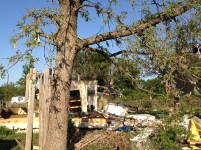 DBU students helped clear brush and debris from this home that was destroyed by the tornado.