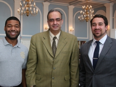 DBU chapel speaker Botrus Mansour (center) pictured with Chris Holloway, director of global missions, and Jon Dooley, camp/sport ministry director. Holloway and Dooley coordinated the DBU mission trip to Israel last summer to work with the NBS.