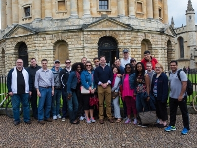 DBU professors and doctoral students gather in front of the Radcliffe Camera in Oxford as a part of the annual Oxford Institute.