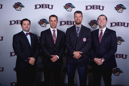 Picture of Zobrist with DBU Director of Athletics, Patriot Baseball Head Coach, and Vice President for Administrative Affairs