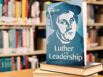 The book, Luther on Leadership, displayed in the library