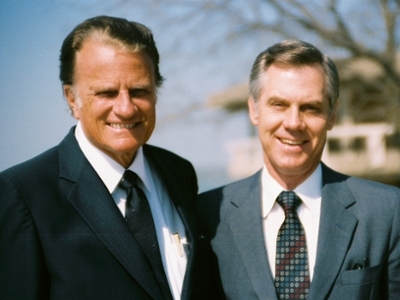 Dr. Billy Graham, along with then-pastor of Park Cities Baptist Church and former trustee, Dr. James Pleitz, at the commencement service held on the DBU campus in March of 1985.