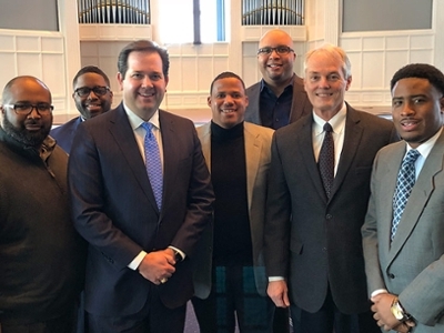 Pictured from left to right: Rev. Damien Williams, Rev. Kraig Pullam, Dr. Adam Wright, Rev. Bertrain Bailey, Rev. Stephan Davis, Sr., Dr. Gary Cook, and Rev. Tedrick Woods, Sr.
