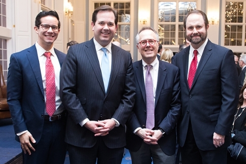 Michael Gerson pictured with Dr. Nick Pitts, Dr. Adam C. Wright, and Dr. Jim Denison