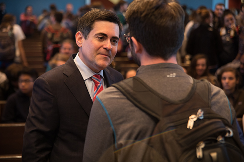 Russell Moore speaking with a DBU student.