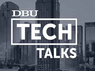 tech talk graphic with tall buildings