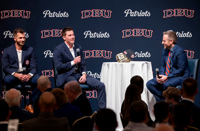 Colin Poche (left) and Drew Smith (middle) speaking to Brendan Smith (right)