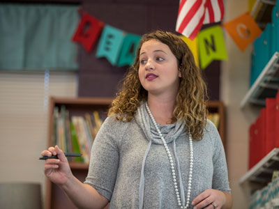 DBU education student teaching in a classroom on the DBU campus in Dallas